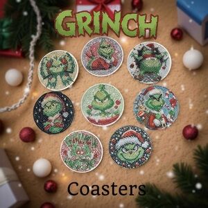 Hand Crafted Festive New Grinch 8 Piece Diamond Art Coasters Set